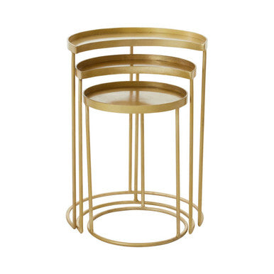 Set Of 3 Antique Brass Metallic Nesting Side Tables With Slim Legs & Half-Moon Tops, Suar