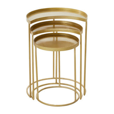 Set Of 3 Antique Brass Metallic Nesting Side Tables With Slim Legs & Half-Moon Tops, Suar