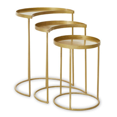 Set Of 3 Antique Brass Metallic Nesting Side Tables With Slim Legs & Half-Moon Tops, Suar