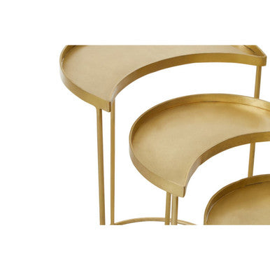 Set Of 3 Antique Brass Metallic Nesting Side Tables With Slim Legs & Half-Moon Tops, Suar