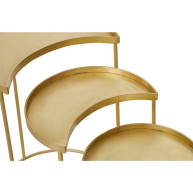 Set Of 3 Antique Brass Metallic Nesting Side Tables With Slim Legs & Half-Moon Tops, Suar