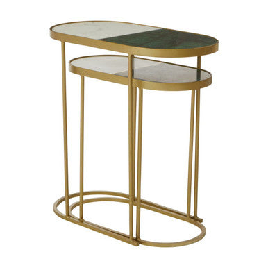 Set Of 2 Marble Top Nesting Side Tables With Slim Antique Brass Geometric Base, Suar