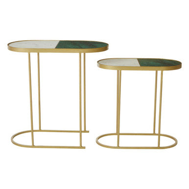 Set Of 2 Marble Top Nesting Side Tables With Slim Antique Brass Geometric Base, Suar