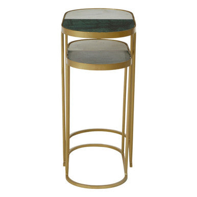 Set Of 2 Marble Top Nesting Side Tables With Slim Antique Brass Geometric Base, Suar