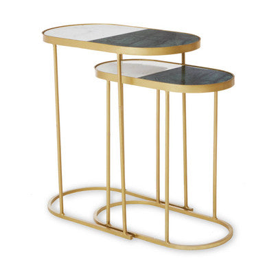 Set Of 2 Marble Top Nesting Side Tables With Slim Antique Brass Geometric Base, Suar