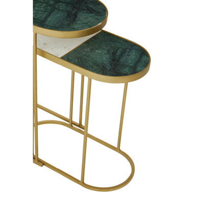 Set Of 2 Marble Top Nesting Side Tables With Slim Antique Brass Geometric Base, Suar