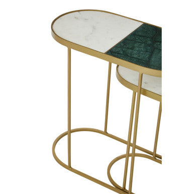 Set Of 2 Marble Top Nesting Side Tables With Slim Antique Brass Geometric Base, Suar