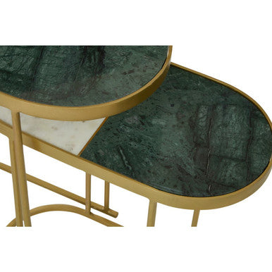 Set Of 2 Marble Top Nesting Side Tables With Slim Antique Brass Geometric Base, Suar