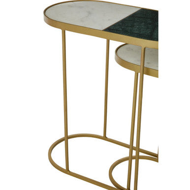 Set Of 2 Marble Top Nesting Side Tables With Slim Antique Brass Geometric Base, Suar