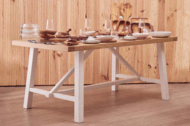 Natural Reclaimed Oak & Birch Wood Rectangular Dining Table With White Painted Base, Parkside