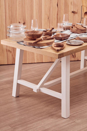 Natural Reclaimed Oak & Birch Wood Rectangular Dining Table With White Painted Base, Parkside