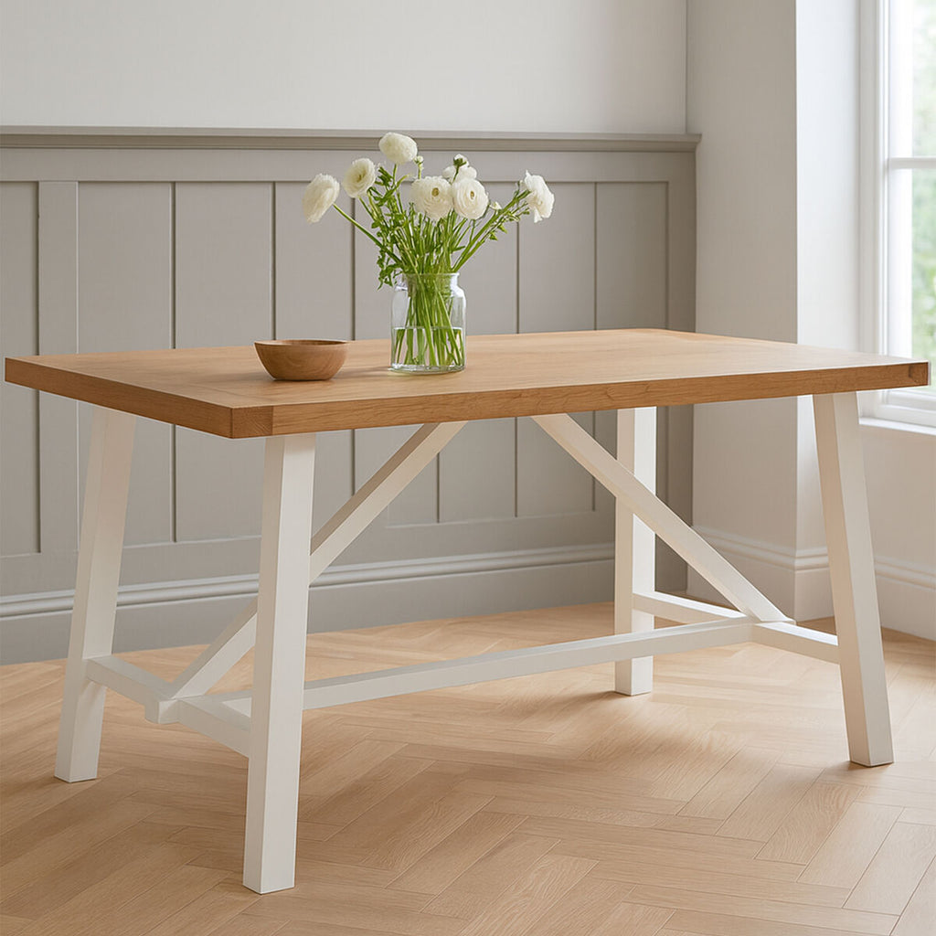 Natural Reclaimed Oak & Birch Wood Rectangular Dining Table With White Painted Base, Parkside