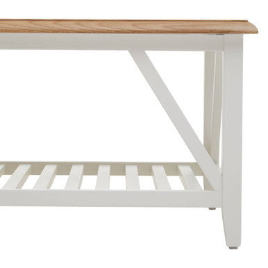 Natural Oak Top Coffee Table With Lower Shelf White Birch Wood Base, Parkside