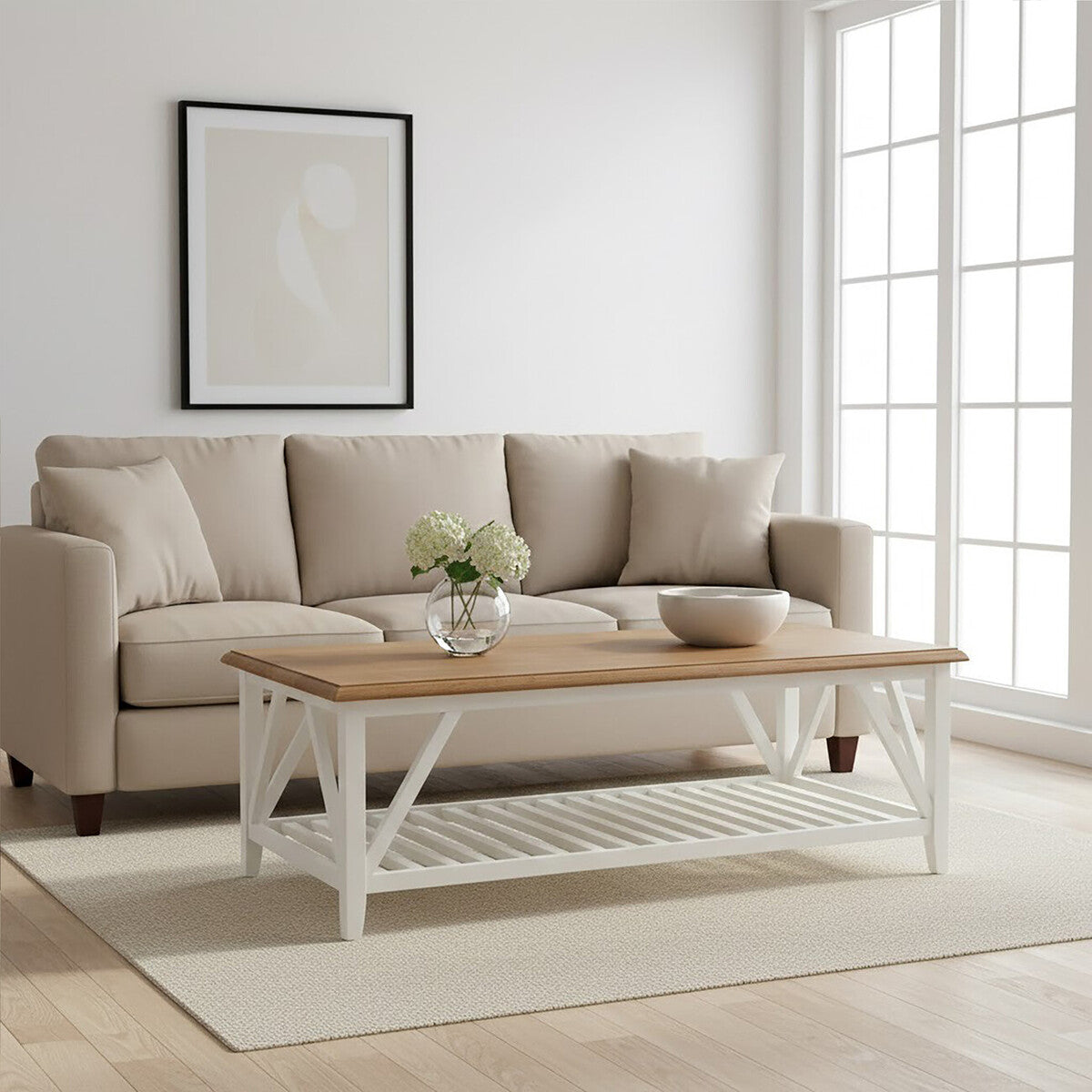 Natural Oak Top Coffee Table With Lower Shelf White Birch Wood Base, Parkside