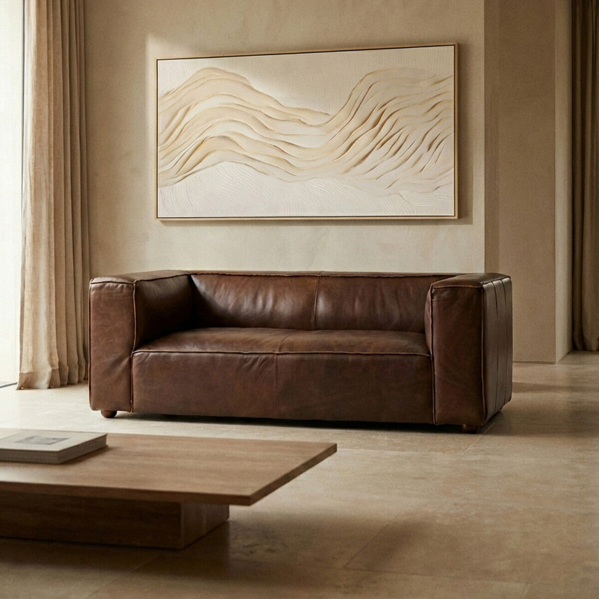 2 Seater Antique Brown Leather Sofa, King