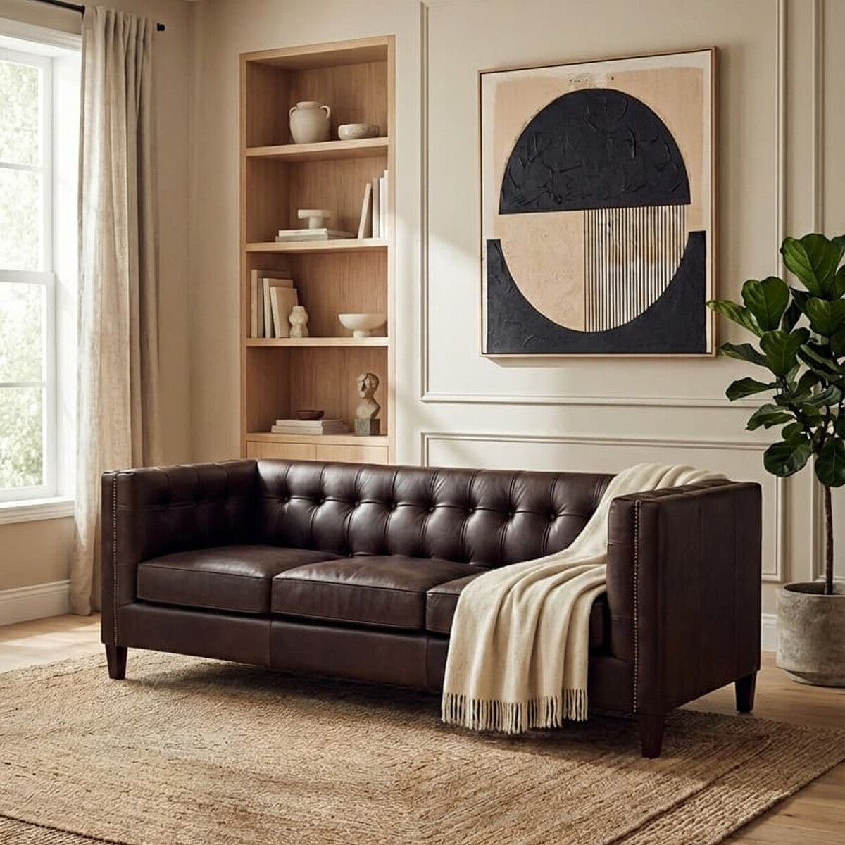 3 Seat Modern Chesterfield Dark Brown Leather Sofa, King