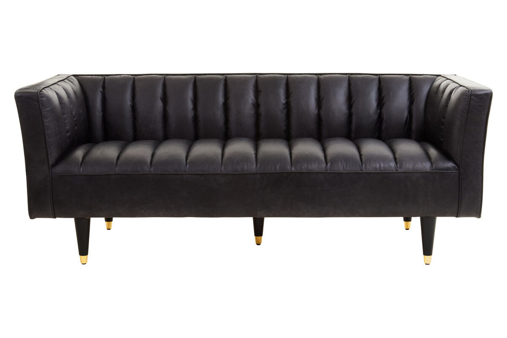 3 Seat Black Leather Sofa With Flared Arms, King