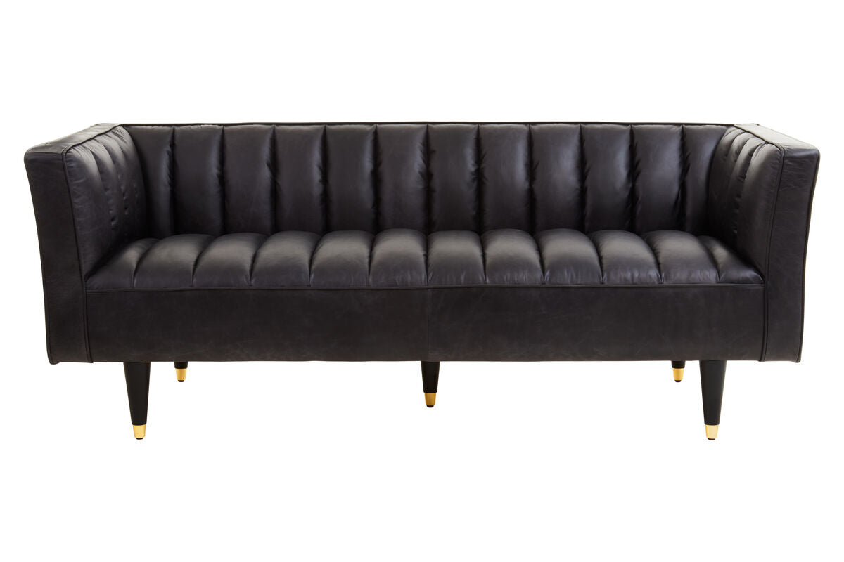 3 Seat Black Leather Sofa With Flared Arms, King