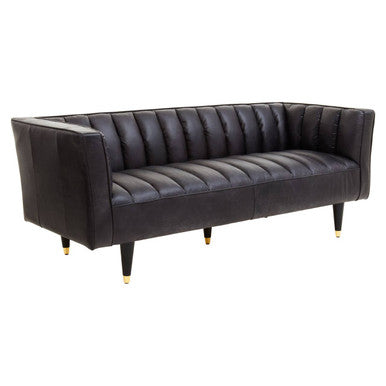 3 Seat Black Leather Sofa With Flared Arms, King