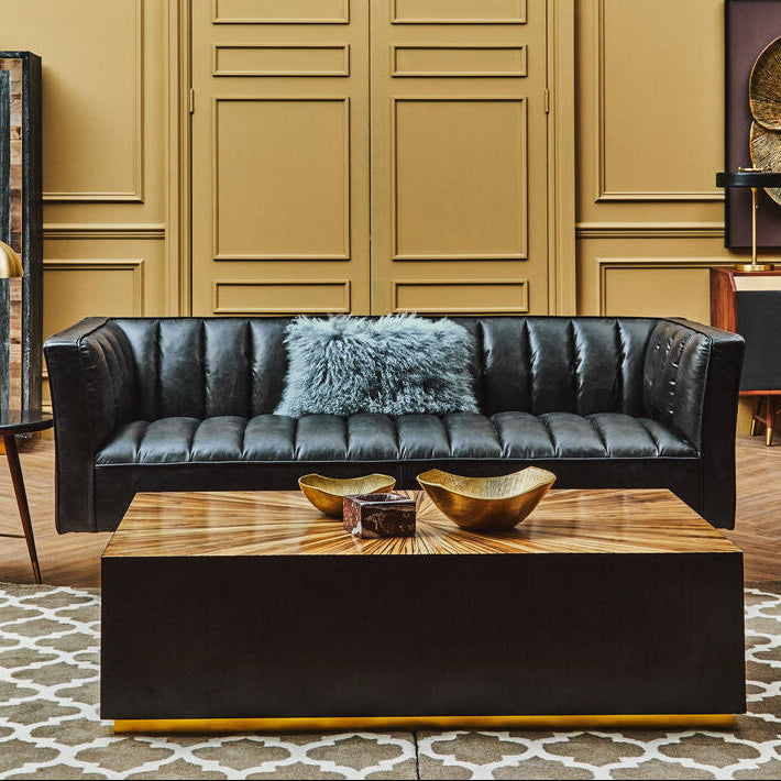 3 Seat Black Leather Sofa With Flared Arms, King