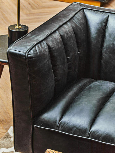 3 Seat Black Leather Sofa With Flared Arms, King