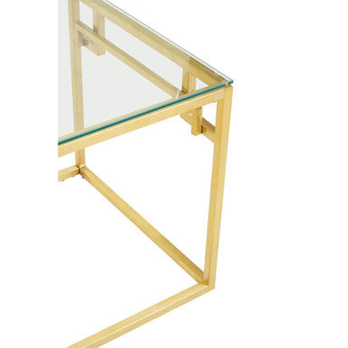 Geometric Brushed Gold Stainless Steel Side Table With Tempered Glass Top, Allure