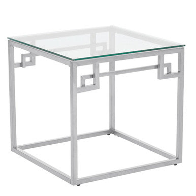 Silver Tempered Glass Top Side Table With Stainless Steel Geometric Frame, Allure