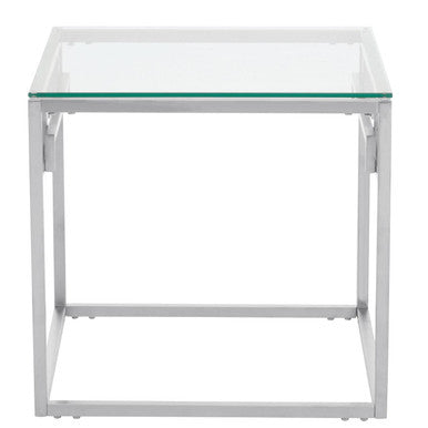 Silver Tempered Glass Top Side Table With Stainless Steel Geometric Frame, Allure