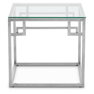 Silver Tempered Glass Top Side Table With Stainless Steel Geometric Frame, Allure