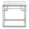 Silver Tempered Glass Top Side Table With Stainless Steel Geometric Frame, Allure