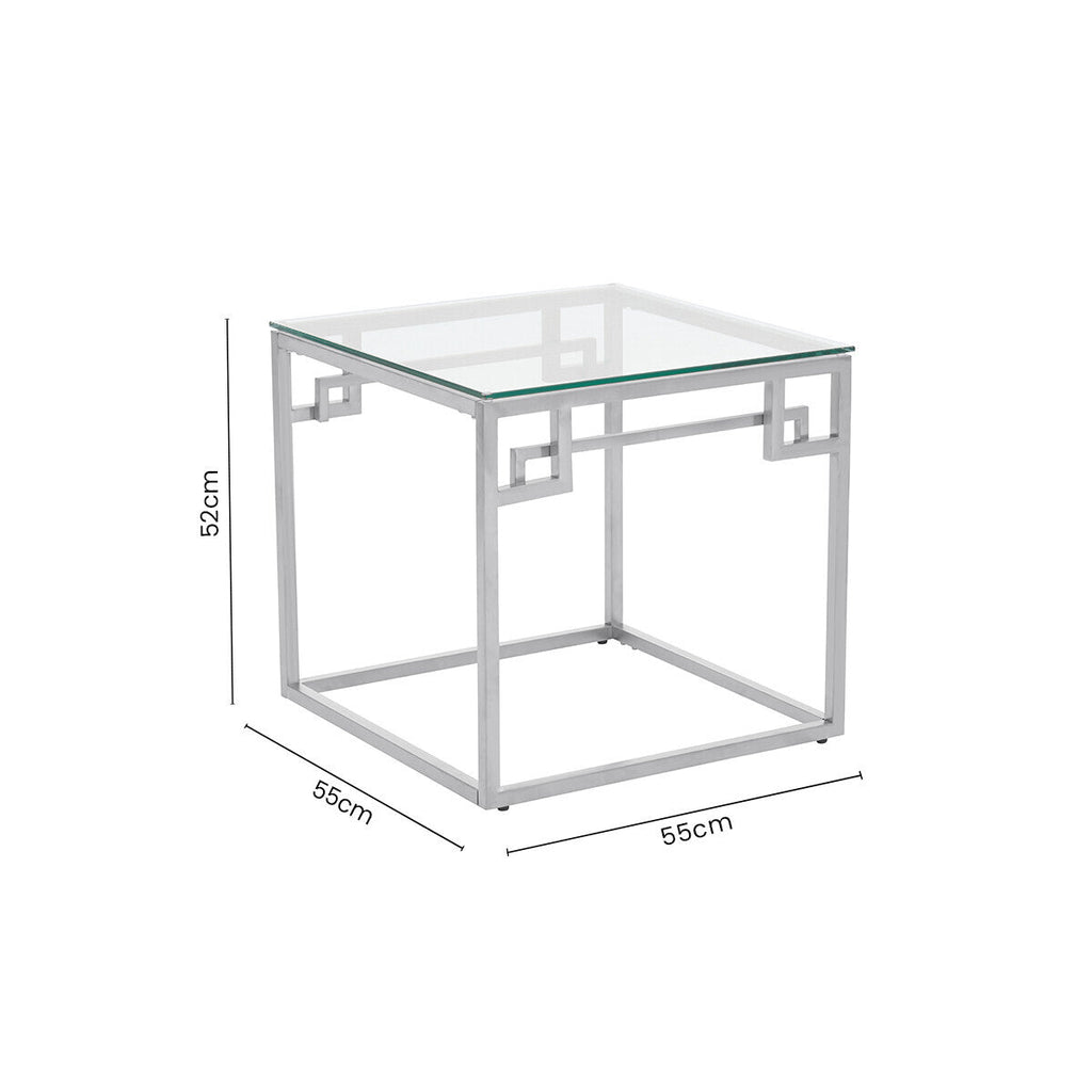Silver Tempered Glass Top Side Table With Stainless Steel Geometric Frame, Allure
