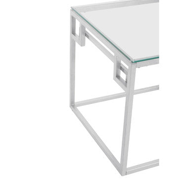 Silver Tempered Glass Top Side Table With Stainless Steel Geometric Frame, Allure