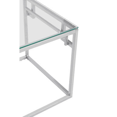 Silver Tempered Glass Top Side Table With Stainless Steel Geometric Frame, Allure