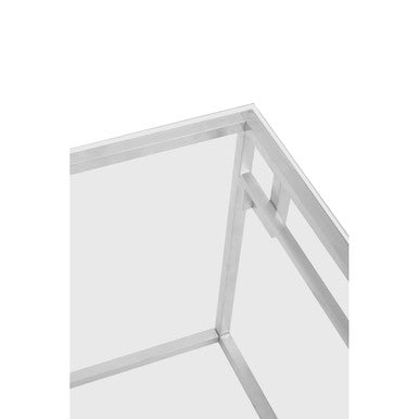 Silver Tempered Glass Top Side Table With Stainless Steel Geometric Frame, Allure