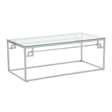 Silver Tempered Glass Top Coffee Table With Stainless Steel Geometric Frame, Allure