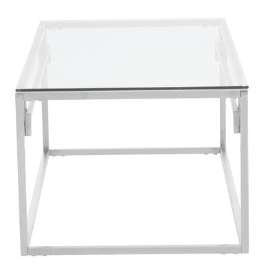 Silver Tempered Glass Top Coffee Table With Stainless Steel Geometric Frame, Allure