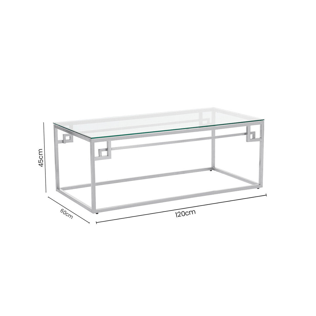 Silver Tempered Glass Top Coffee Table With Stainless Steel Geometric Frame, Allure
