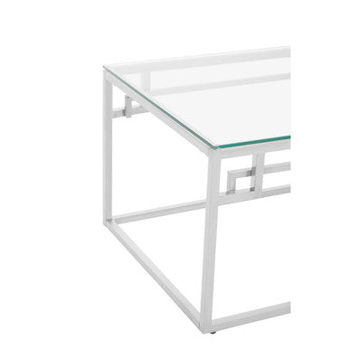 Silver Tempered Glass Top Coffee Table With Stainless Steel Geometric Frame, Allure