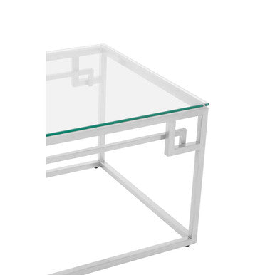 Silver Tempered Glass Top Coffee Table With Stainless Steel Geometric Frame, Allure