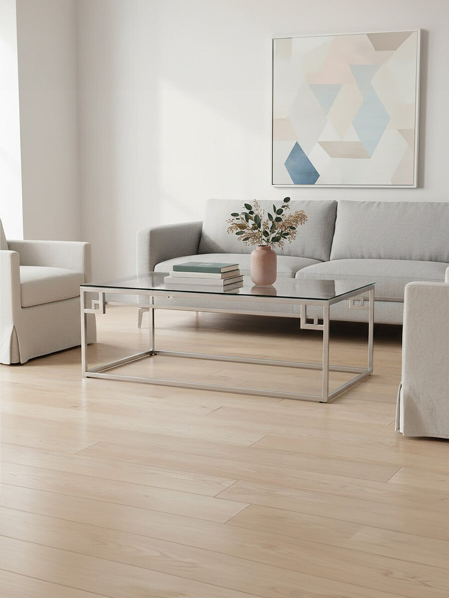 Silver Tempered Glass Top Coffee Table With Stainless Steel Geometric Frame, Allure