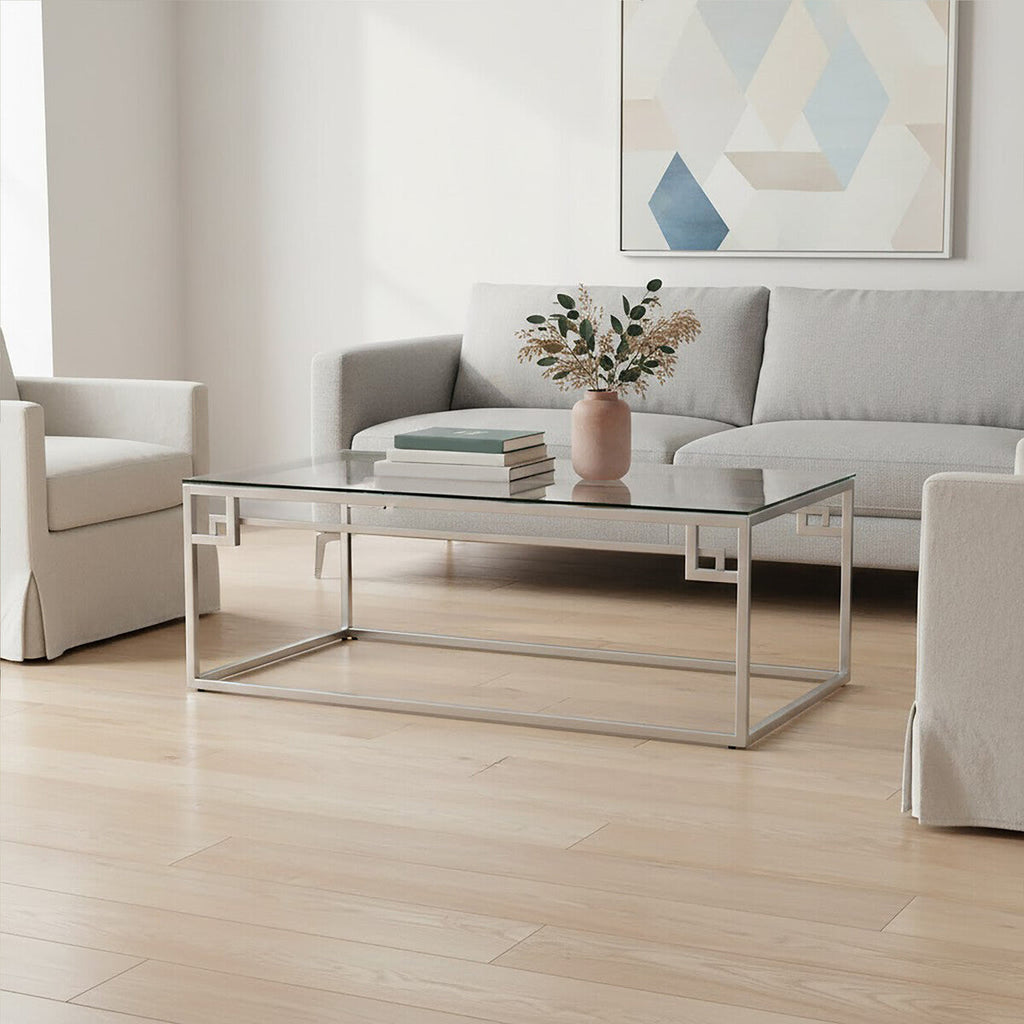 Silver Tempered Glass Top Coffee Table With Stainless Steel Geometric Frame, Allure