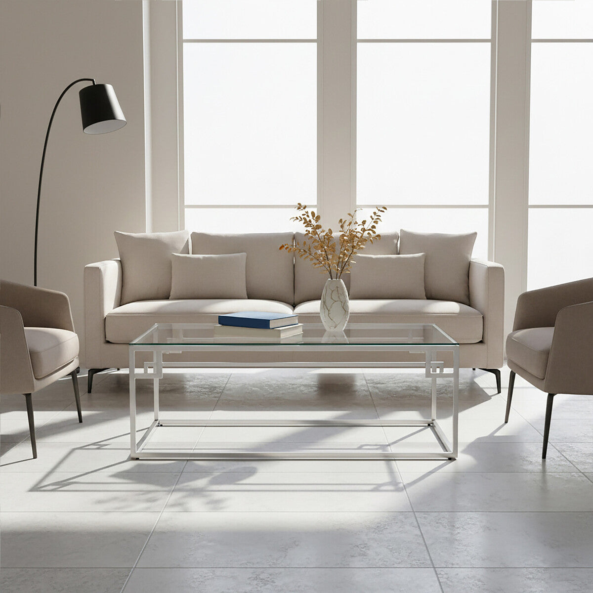 Silver Tempered Glass Top Coffee Table With Stainless Steel Geometric Frame, Allure