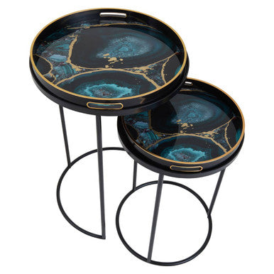 Set Of Two Round Nesting Tables With Multicolour Agate Tray Tops & Black Metal Frames, Celina