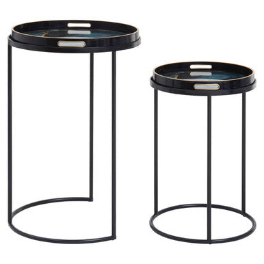 Set Of Two Round Nesting Tables With Multicolour Agate Tray Tops & Black Metal Frames, Celina