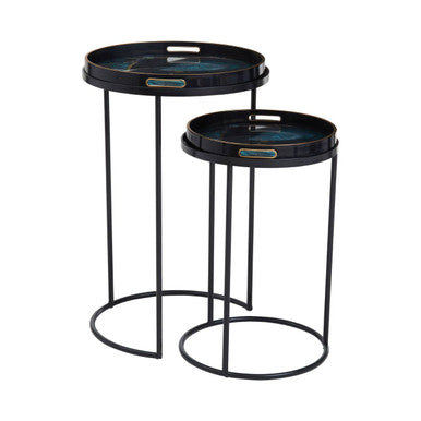Set Of Two Round Nesting Tables With Multicolour Agate Tray Tops & Black Metal Frames, Celina