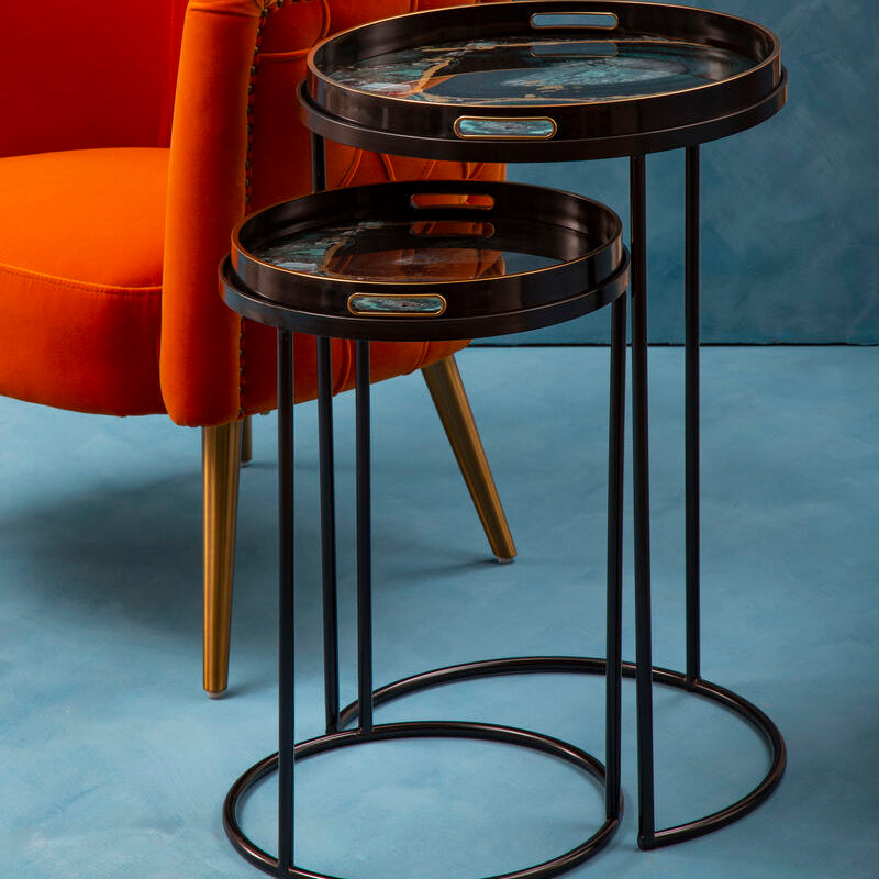 Set Of Two Round Nesting Tables With Multicolour Agate Tray Tops & Black Metal Frames, Celina