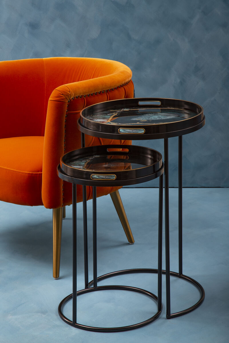 Set Of Two Round Nesting Tables With Multicolour Agate Tray Tops & Black Metal Frames, Celina