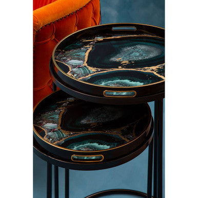 Set Of Two Round Nesting Tables With Multicolour Agate Tray Tops & Black Metal Frames, Celina
