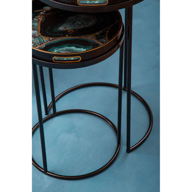 Set Of Two Round Nesting Tables With Multicolour Agate Tray Tops & Black Metal Frames, Celina