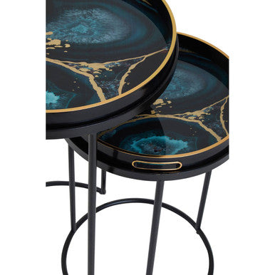 Set Of Two Round Nesting Tables With Multicolour Agate Tray Tops & Black Metal Frames, Celina